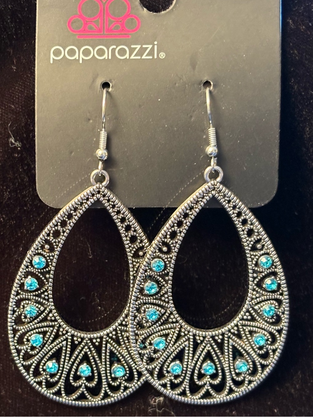 paparazzi Silver Filigree Teardrop Earrings with Turquoise Accents